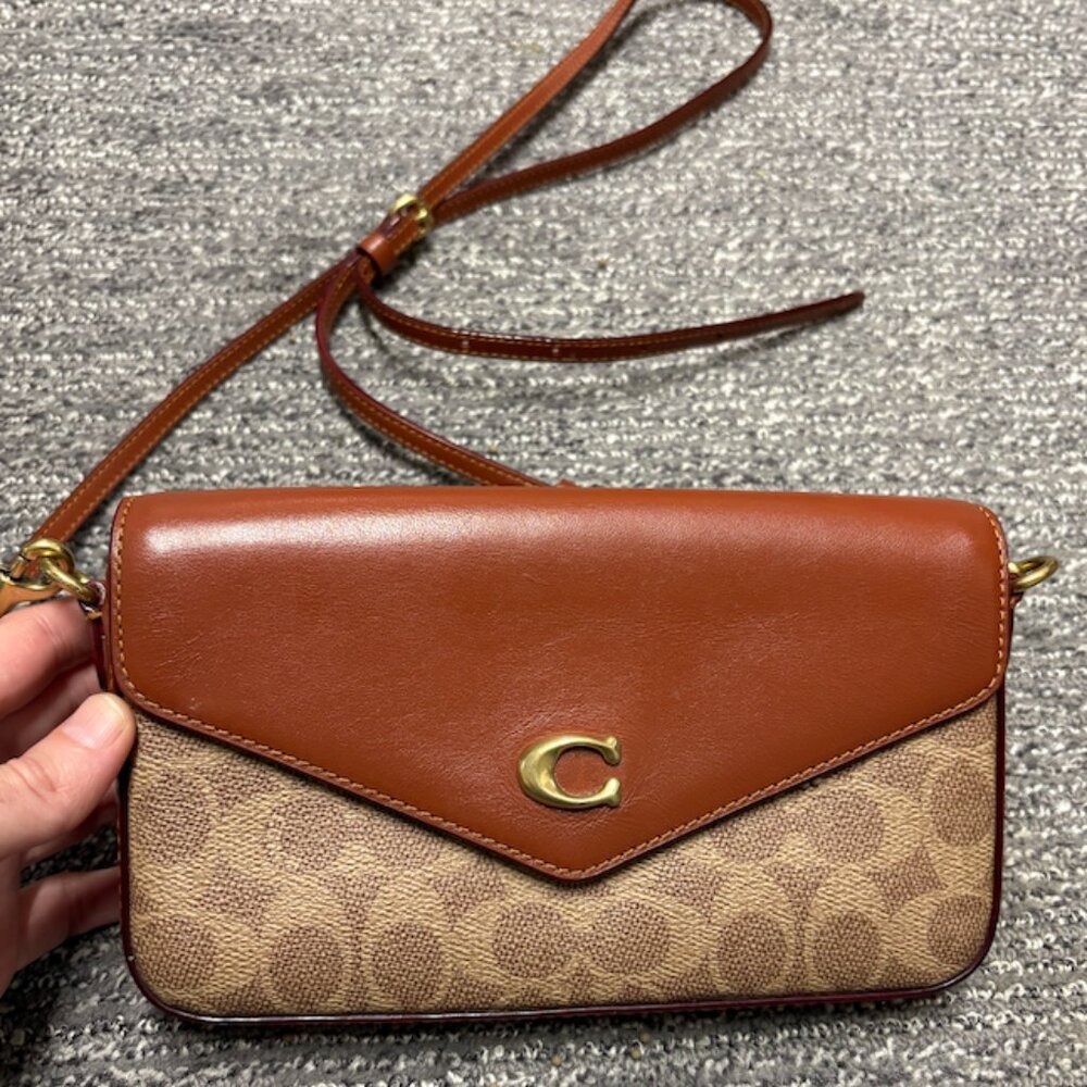 Coach Logo + Caramel Brown Bag with Strap and Front Flap
